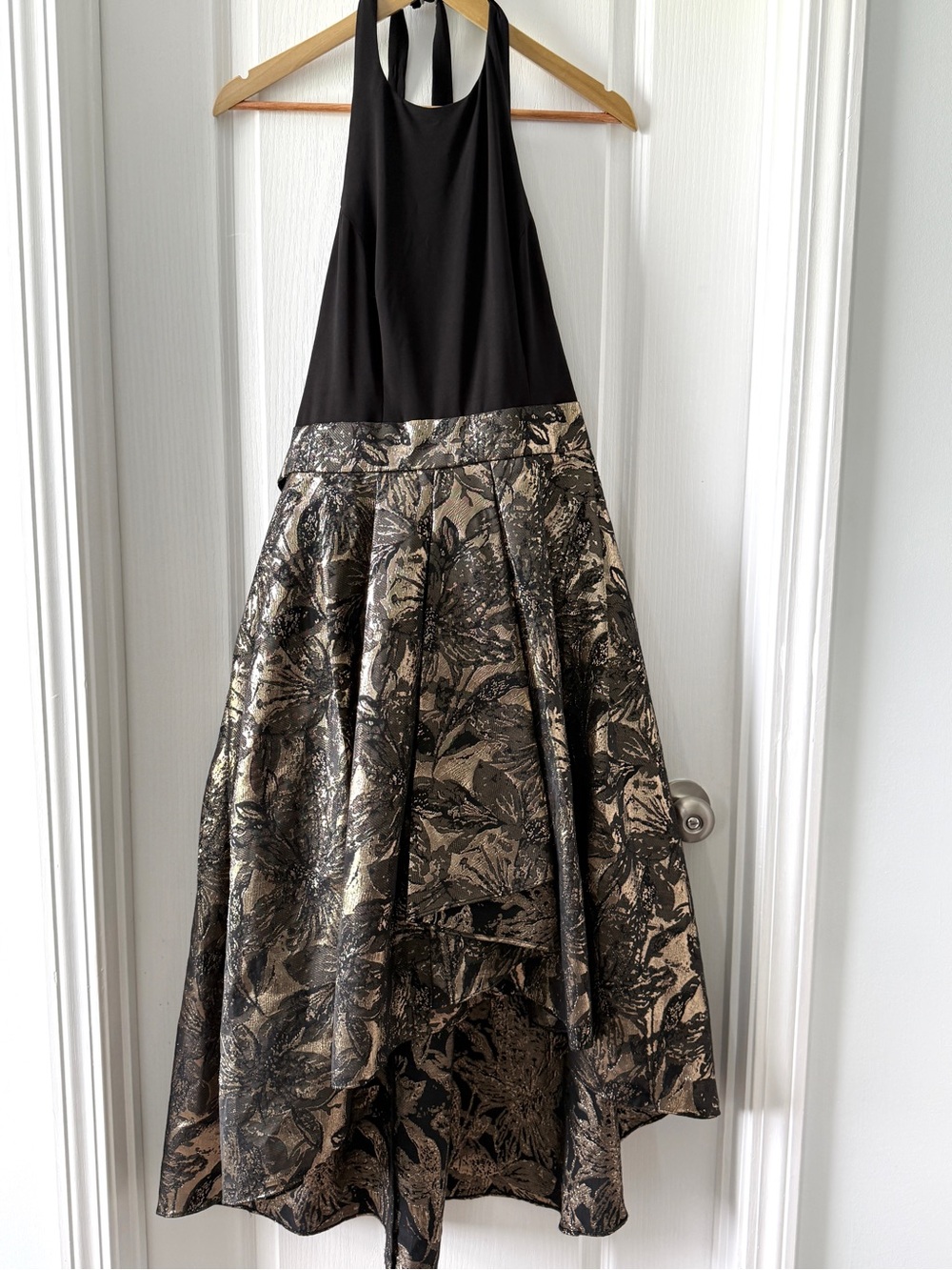 S.L. Fashions Black & Gold Halter Neck High-Low Jacquard Dress Size 6
